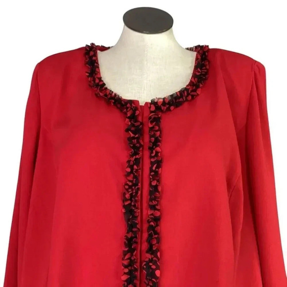 Holiday Ruffle Trim Jacket Women 32W Red Black Polka Dot Buttons Long Sleeve NEW - Picture 2 of 5